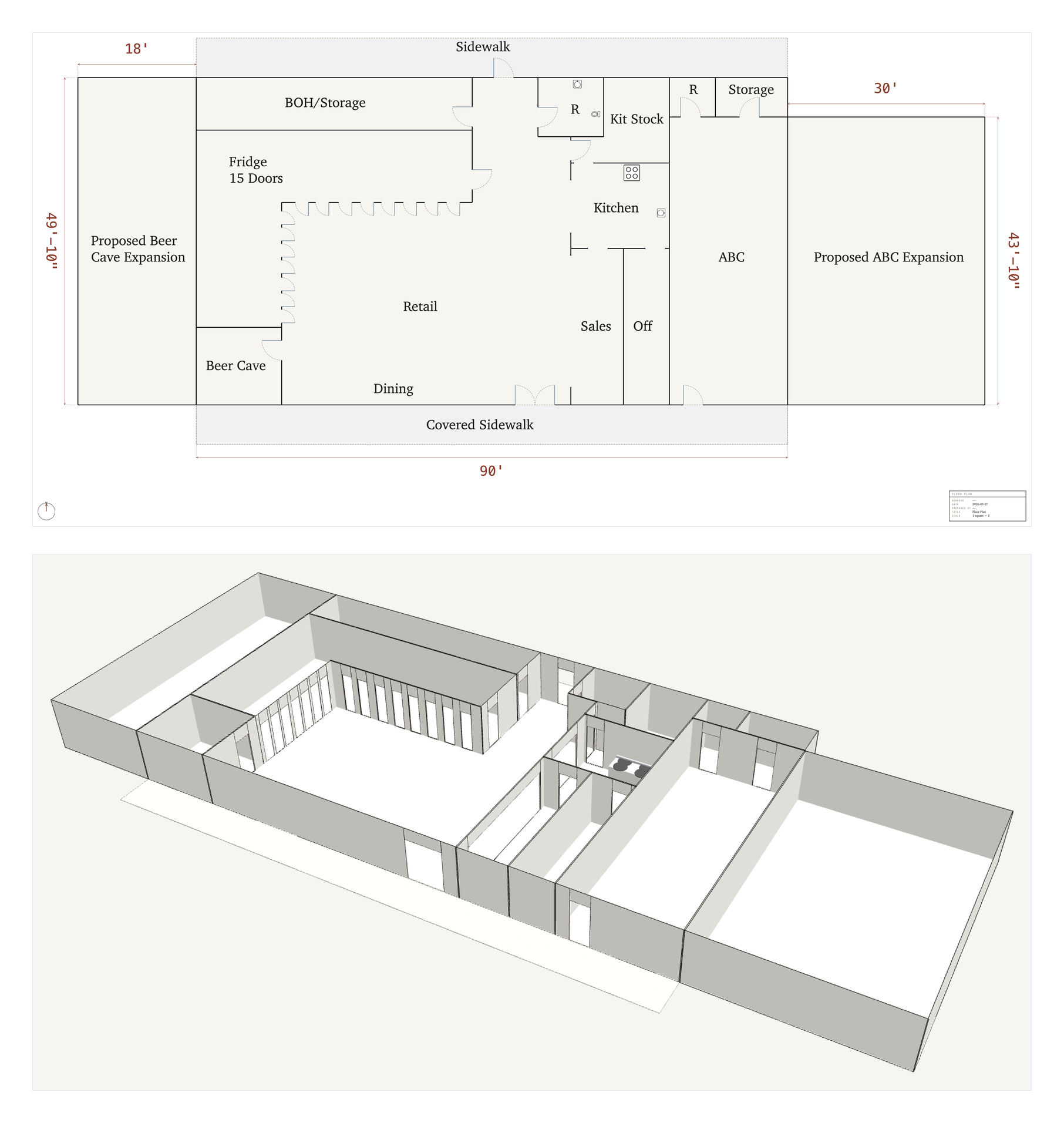 The same retail/commercial floor plan shown two ways: on the left, a measured 2D export with retail, dining, kitchen, beer cave, an ABC store, restrooms, fixtures, dimensions, and proposed expansions; on the right, the one-click 3D view with extruded walls.