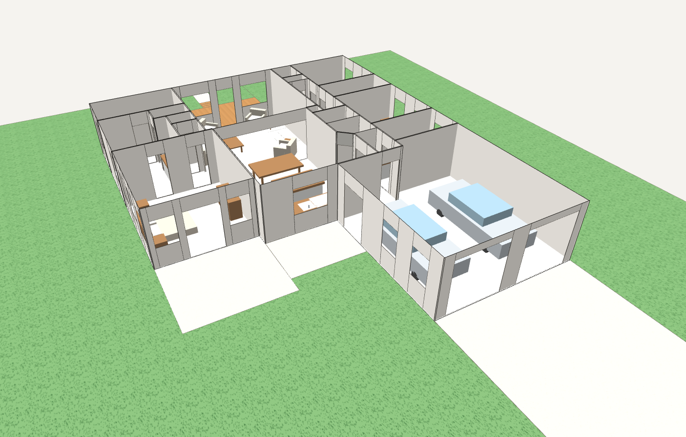 A one-click 3D view of the floor plan with extruded walls, furniture, and a two-car garage.