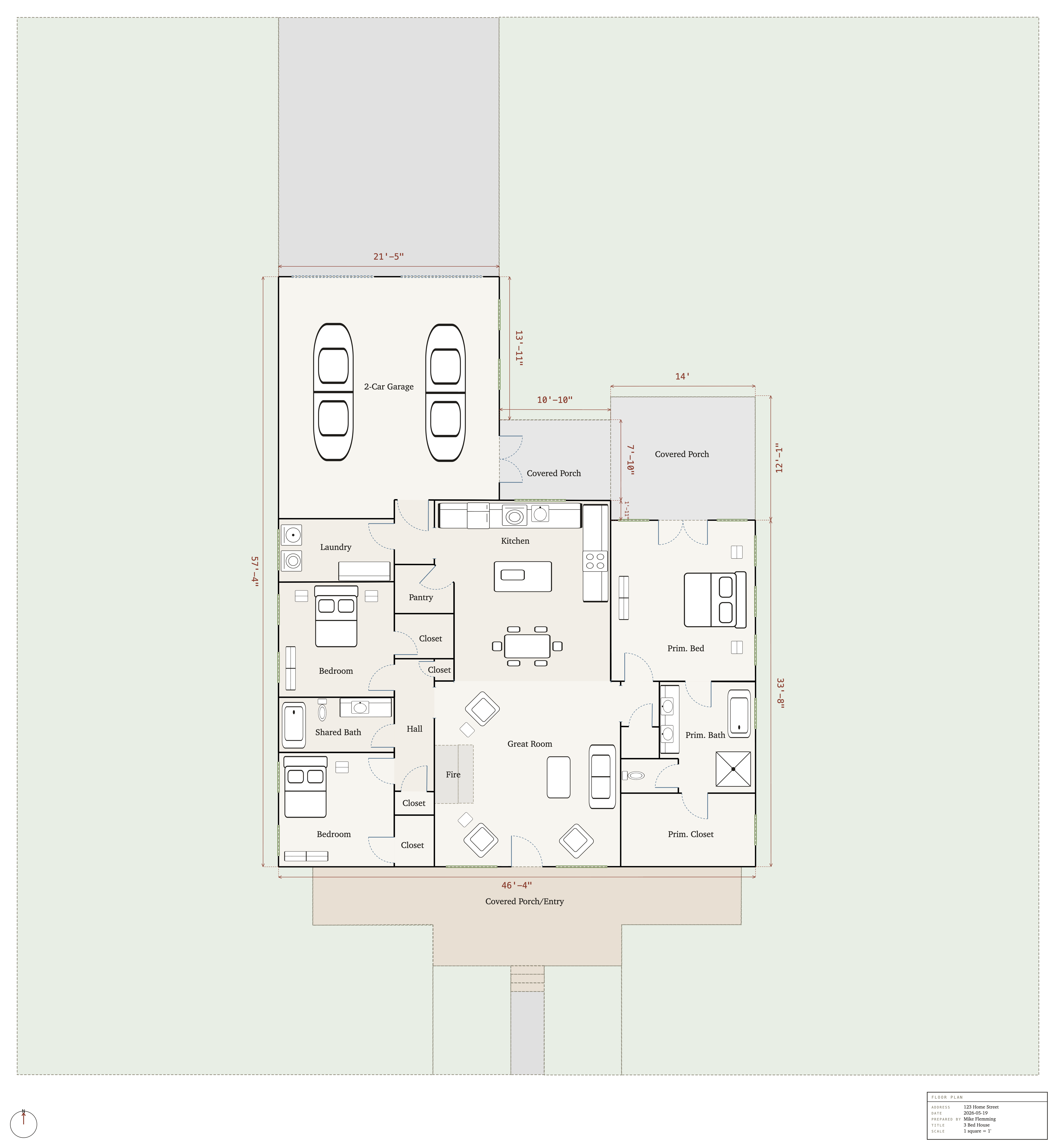 A finished SketchAppraise floor plan: a single-story home with labeled rooms, square footage, furniture, dimensions, a title block, and a north arrow.