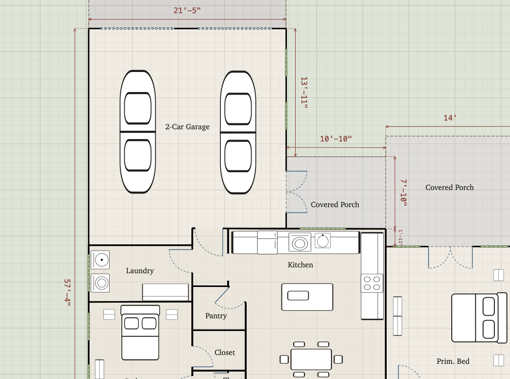 Rooms with doors, windows, a bathroom with toilet, shower and sink, a laundry with washer and dryer, and a kitchen with an island, range, and refrigerator.