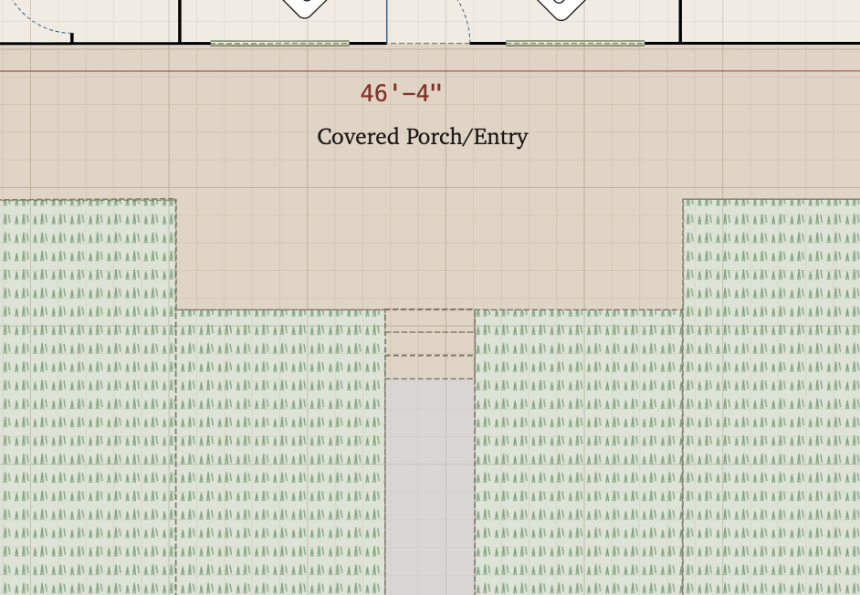 The site around a building: a driveway, a two-car garage, and a lawn drawn with textured fills.
