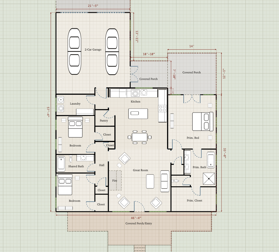 The drawing canvas with a grid and a floor plan in progress, each wall labeled with its measured length.